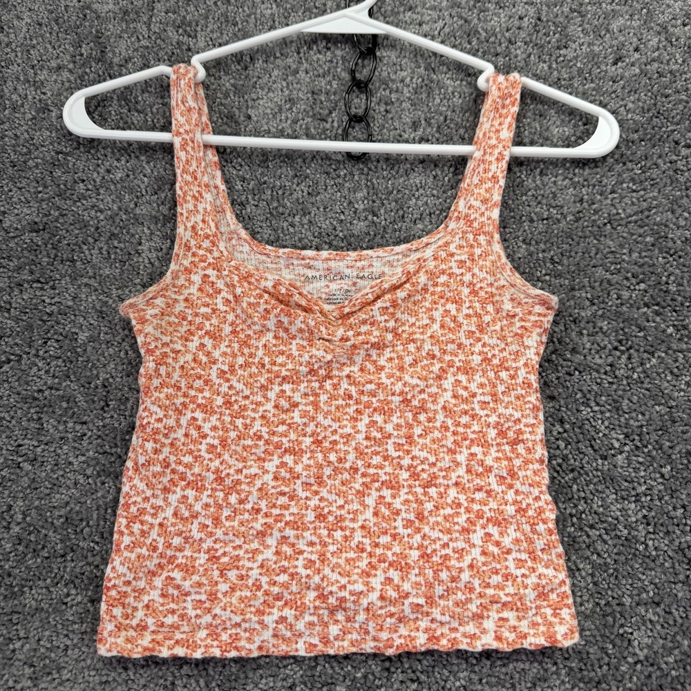 American Eagle Tank Top Womens S Orange Floral Ribbed Camisole Summer Casual